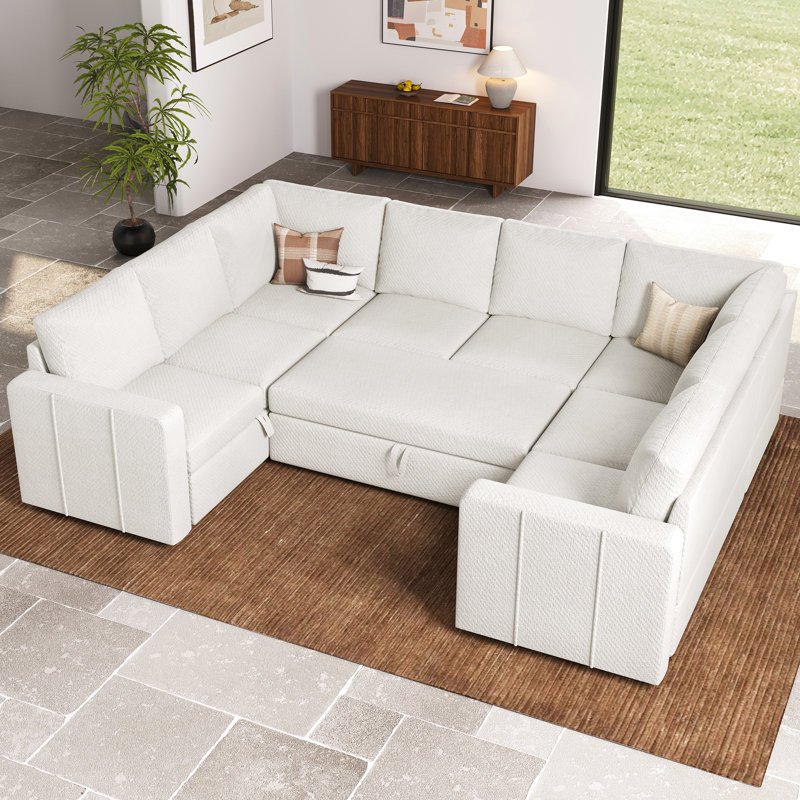 Seybert Modern U-Shaped Velvet Chenille Sectional Sofa For Living Room, Beige Chenille 