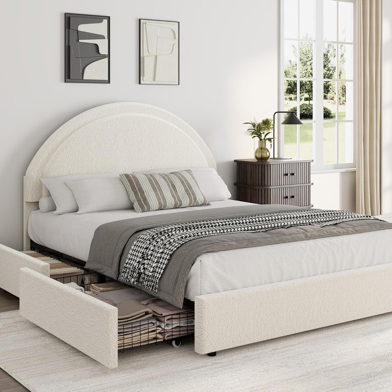 Structure de lit double tapissier avec tiroirs de rangement, tête de lit ronde, beige, Lit double, Beige