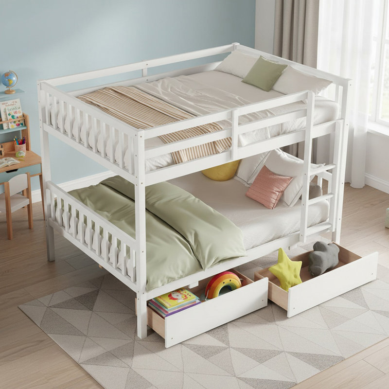 Lit superposé double au-dessus de double en bois massif avec 2 tiroirs, convertible en 2 lits doubles, lit superposé double avec échelle pour garçons et filles