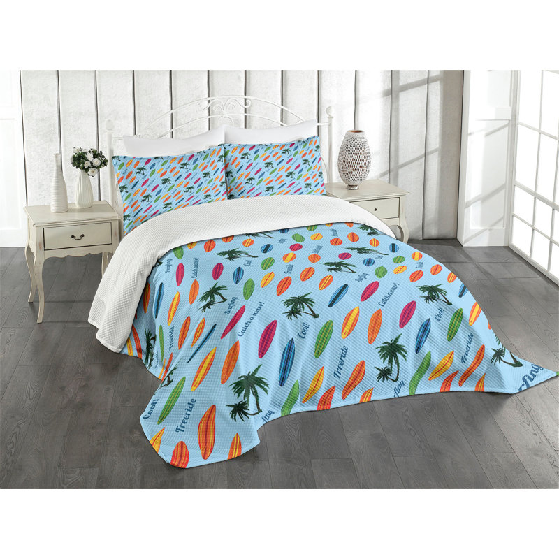 Ambensonne Surfboard Bedspread Exotic Multicolor Multicolor, King Coverlet/Bedspread + 2 Pillow Shams