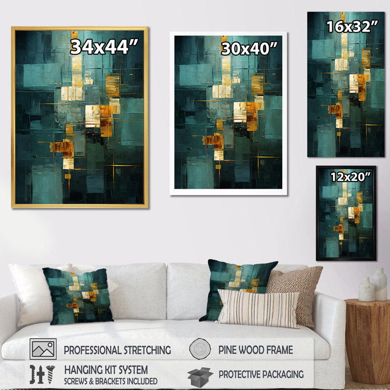 Illumination of Desire Cubist Turquoise Gold I - impression, Cadre flottant noir, H 44 po x l 34 po x P 1,5 po