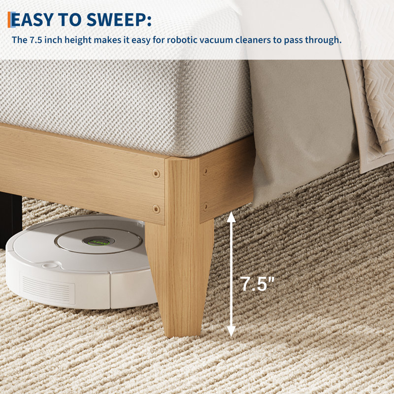 Base de lit plateforme en bois, pieds en bois et support central en métal robuste, lattes en bois, aucun sommier requis