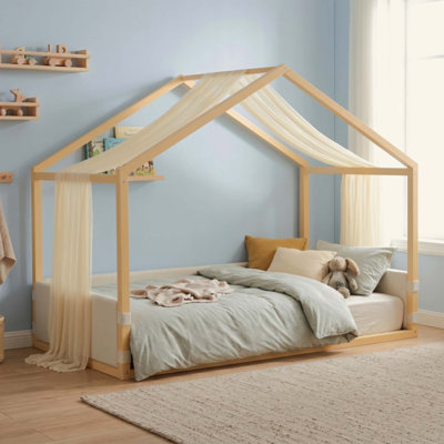 Lit à baldaquin avec panneaux latéraux rembourrés en velours, baldaquin en gaze respirante, cadre de lit plateforme à rembourrage doux, lit moderne facile à assembler pour la chambre à coucher, chambre d'amis