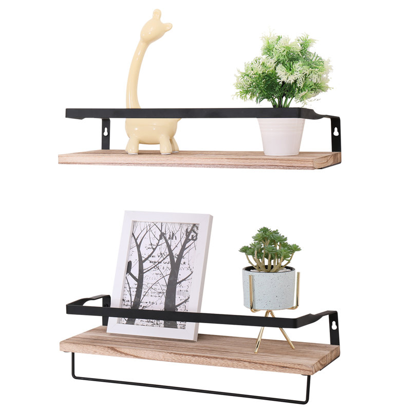Tablette flottante en bois naturel de 2 pièces - Fixation murale avec supports pour chambre à coucher, salon, cuisine, salle de bain 2