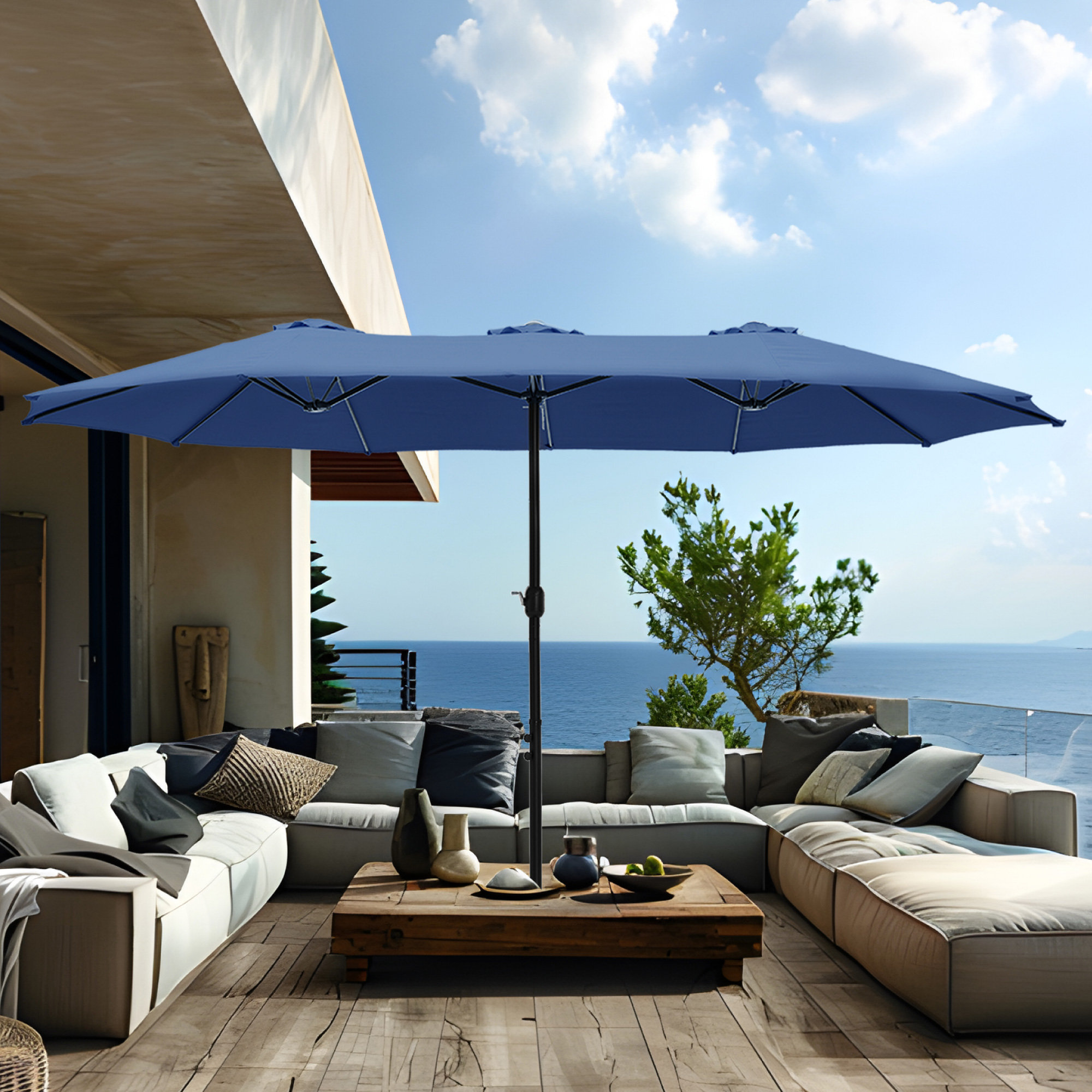 Nyasia 15 ft. x 9 ft. Rectangular Market Umbrella with Base, Haze Blue