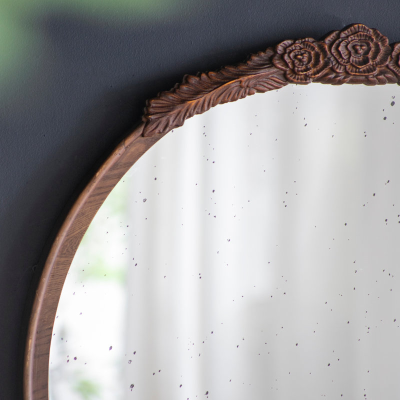 Cadre de miroir antique rond 30 po x 30 po sculpté à la main rose, miroir mural pour espace de vie, salle de bain, décoration murale d'entrée (brun)