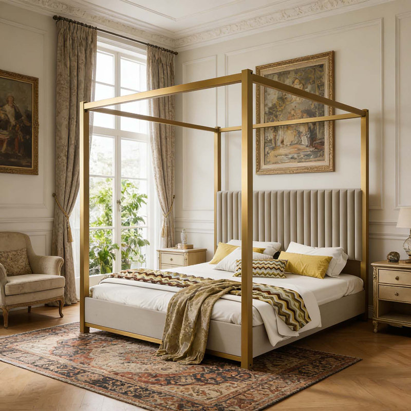 Lit plateforme à baldaquin avec tête de lit tapissier et structure en métal robuste, Beige, Très grand lit
