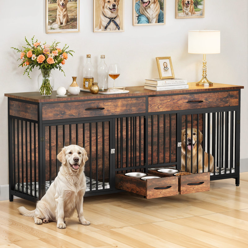 Wooden Double Dog Crate Furniture with Feeders, Black, 34" H x 74.8" W x 22" D