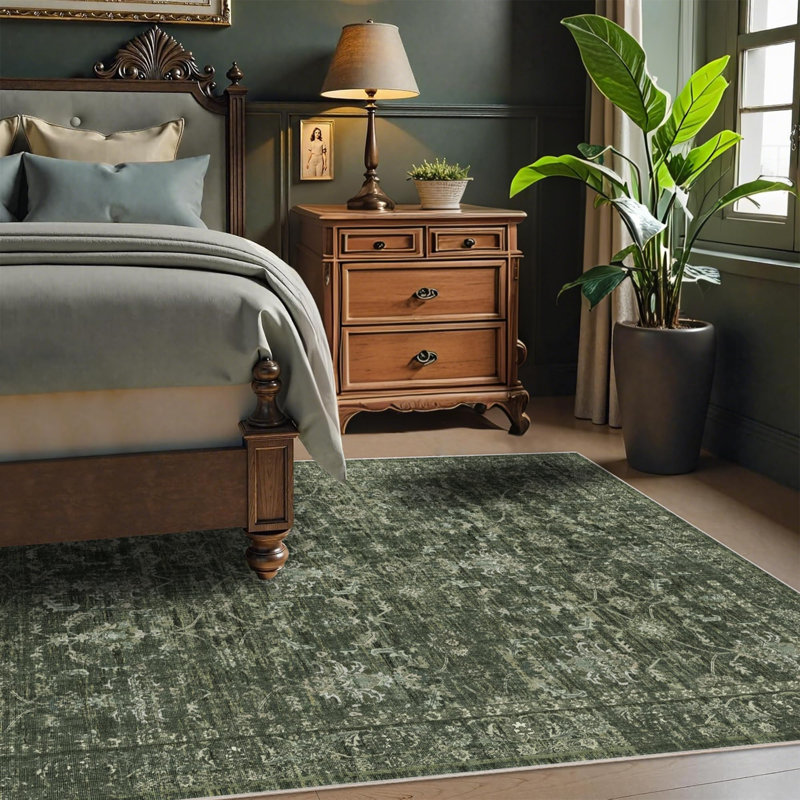 Vintage Boho Area Rug - Washable Non Slip Low Pile Rug, Dark Green, Rectangle 4' x 6'