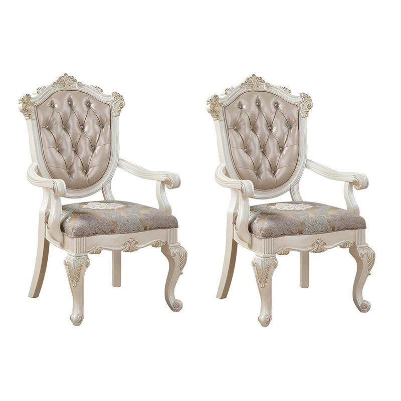 Chaise avec accoudoirs touffetée rose et perle (ensemble de 2) Chaise à motif floral en bois blanc