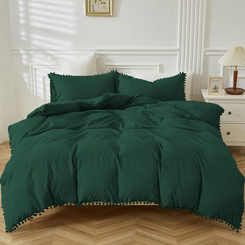 Polyester Solid Colour Duvet Cover with Pillowcases, Emerald Green