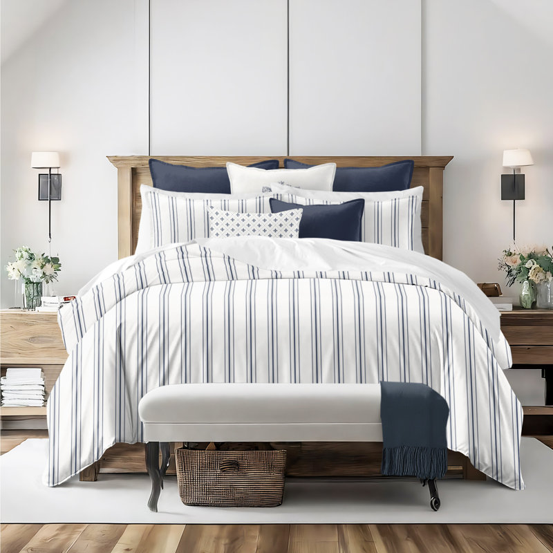 August Stripe Reversible Cotton Duvet Cover Set, Denim, Queen Duvet Cover + 2 Queen Shams