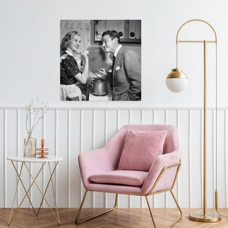 1950S Smiling Housewife At Stove Giving Happy Husband Taste Of Her Cooking Contemporary Wall Art, 32" H x 32" W