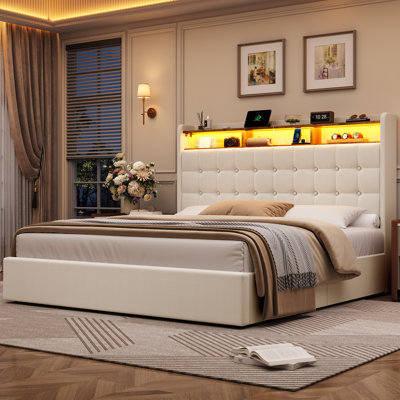 Hydraulic Lift-up Storage Bed with Anti-Slip Design, Linen Upholstered Platform Bed with LED Headboard, Charging Station & Underbed Storage (No Box Spring Needed)
