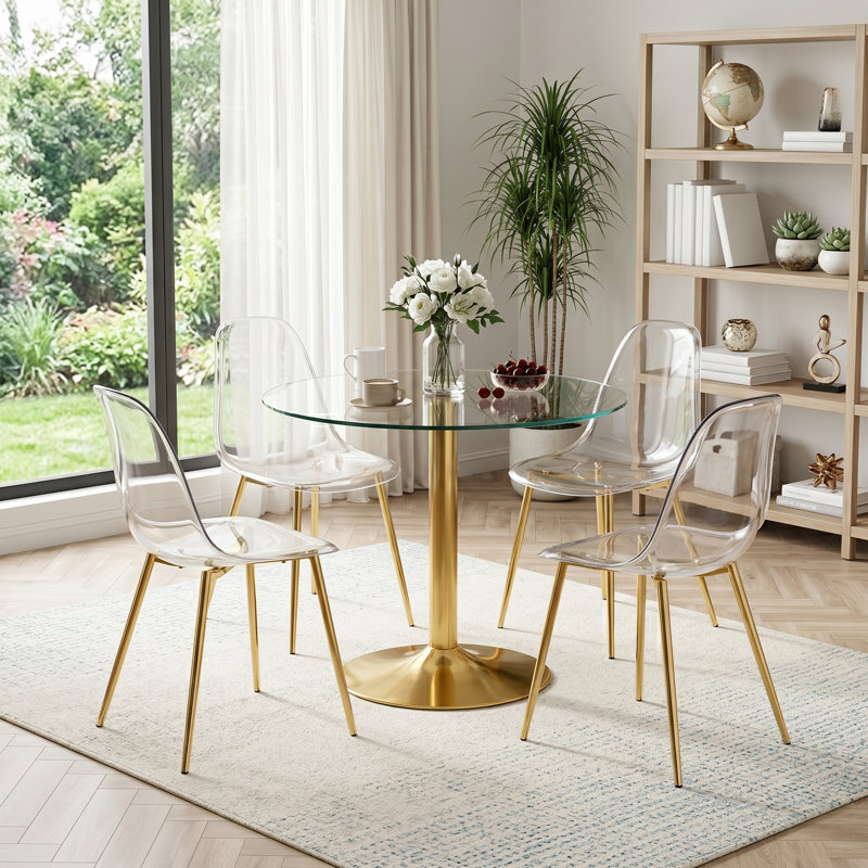 Modern 5-Piece Round Tempered Glass Dining Set with Pedestal Base and Acrylic Chairs, Clear/Gold, Gold