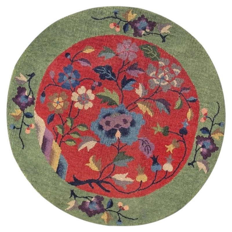 Tapis rond rouge en laine noué à la main Art déco des années 1920