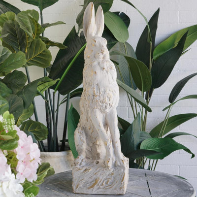 Grande sculpture lapin 29,9 ", statue de lapin en magnésium avec finition blanc antique et base piédestal