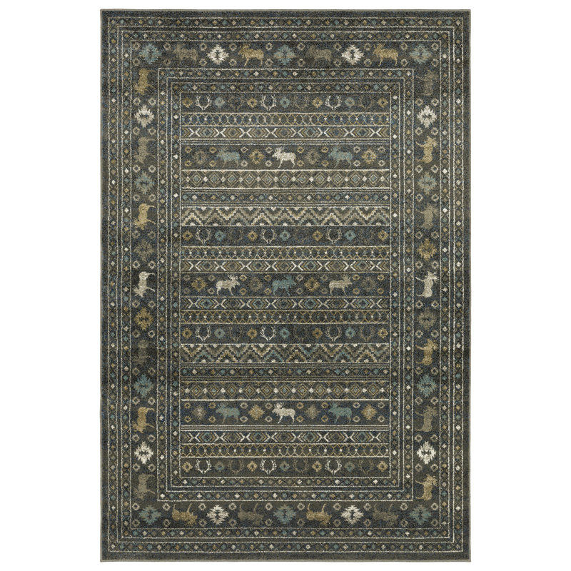 Tapis gris / noir en polypropylène tissé à la machine Southwestern, Rectangle 3 pi 10 po x 5 pi 5 po