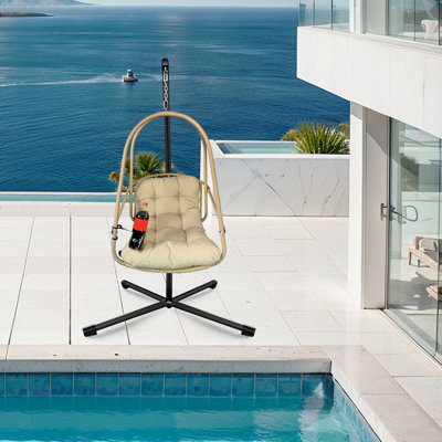 Fauteuil à œufs pivotant avec support Fauteuil suspendu en osier de rotin pour l'intérieur et l'extérieur avec support de type C, avec coussin et oreiller
