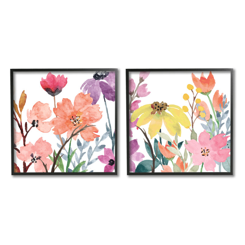 Fleurs printanières sur fond blanc, impression sur bois 2 pièces, H 24 po x l 48 po x P 1,5 po, Giclée encadrée noir minuit