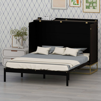 Space-Saving Murphy Bed Featuring a Classic Wooden Door Aesthetic, Decorative Faux Drawers and Sturdy Metal Legs