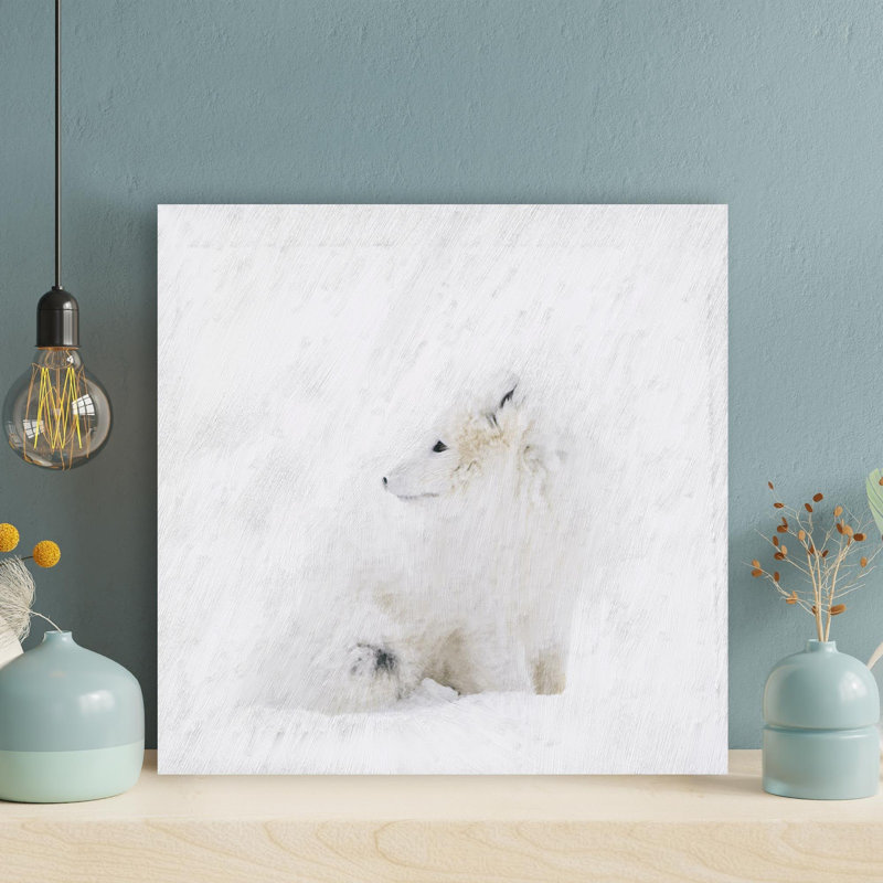 «White Fox On White Snow» - Impression sur toile tendue carrée 1 pièce, H 32 po x l 32 po x P 2 po