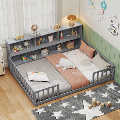 Montessori Floor Bed With Bookcase Storage Shelves & Safety Fence Rails
