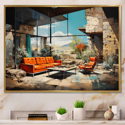 Corail beige Mid-Century audacieux et encadré sur toile