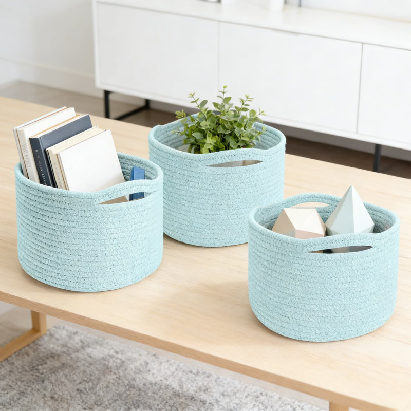 Hand-Woven Cotton Rope Storage Baskets, Round Decorative Organizer Bins With Reinforced Handles For Home, Shelf, Desk, Toy, And Gift Use