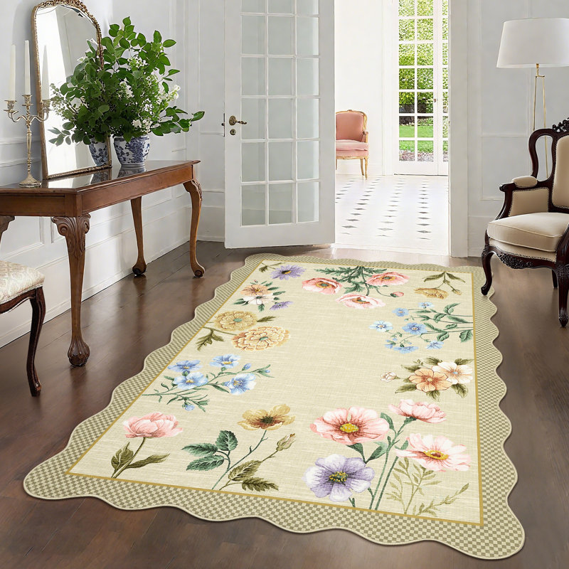 Scalloped Rug Machine Washable Floral Living Room Rugs Non Slip Bedroom Carpet for Nursery Dining Room Dorm Office, Yellow