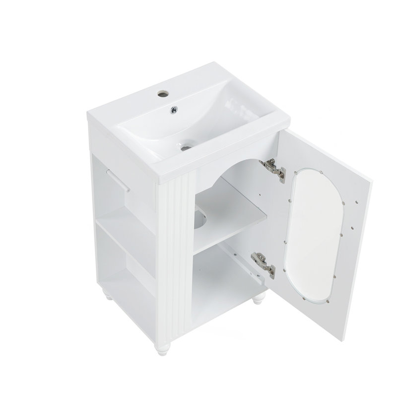 Meuble-lavabo de 20 po avec lavabo, meuble-lavabo avec tablette à deux niveaux, tablette réglable, bois et panneau de fibres à densité moyenne, blanc