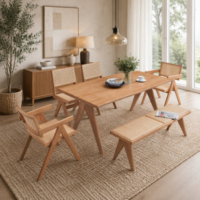 Ensemble de salle à manger d'extérieur / extérieur en rotin et naturel 5 pièces Valentina (aucun banc inclus)