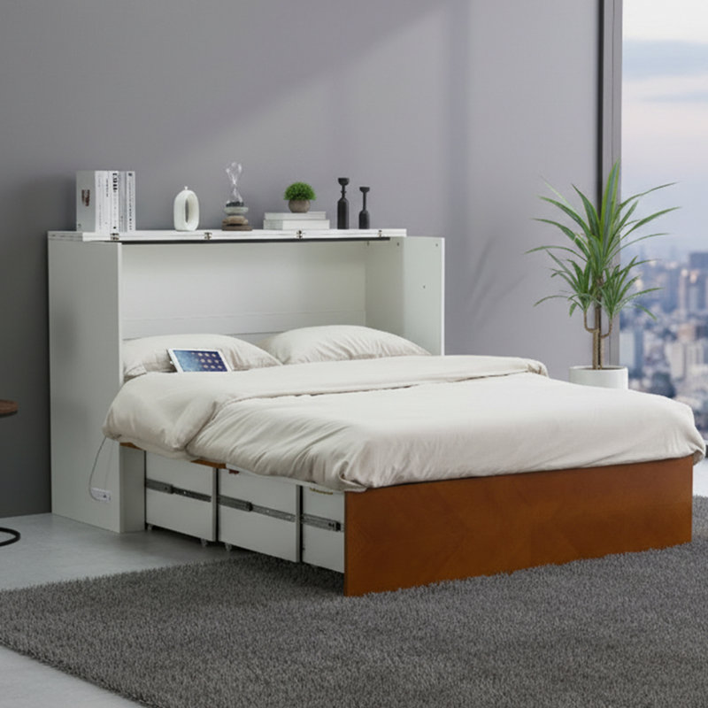 Lit escamotable avec tiroir de rangement, armoire de lit pliable avec station de charge, Lit double