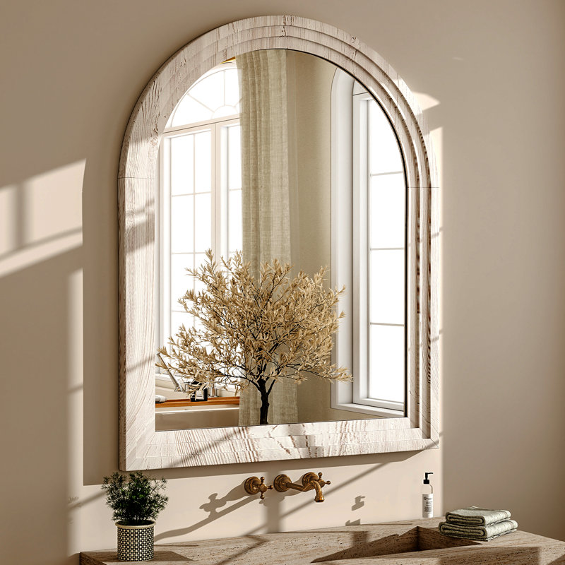Arched Waterproof Solid Wood Wall Mirror , White/Brown, 36" x 24"