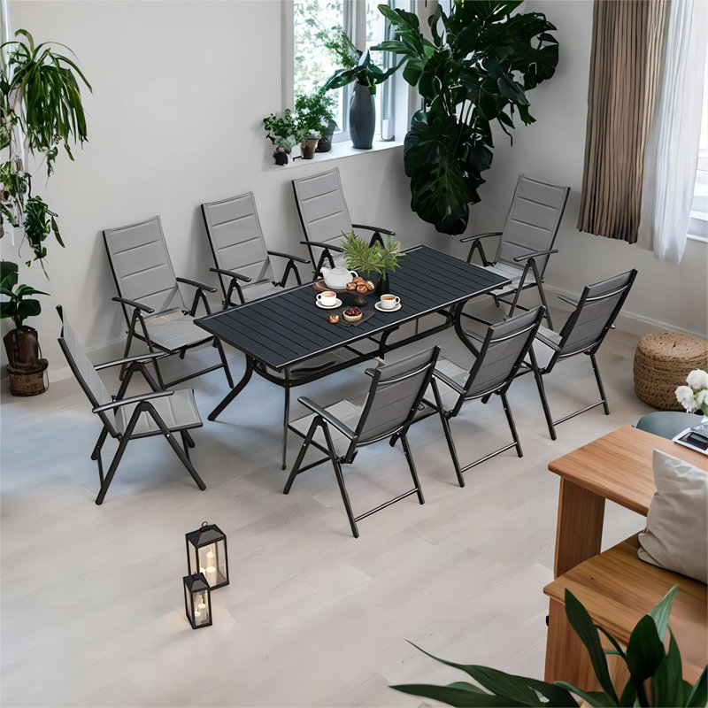 Ensemble repas d'extérieur 9 pièces avec 8 chaises pliantes portables et 1 table rectangulaire en aluminium Emison, gris