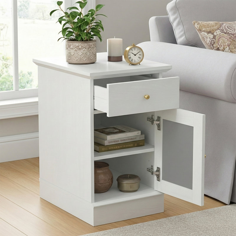  Korbin Modern Decorative 1 Door End Table with Drawer, Pearl White Oak
