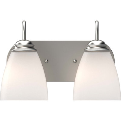  Mari 2-Light Indoor Brushed Nickel Bath or Vanity Light or Wall Mount with White Frosted Glass Bell Shades