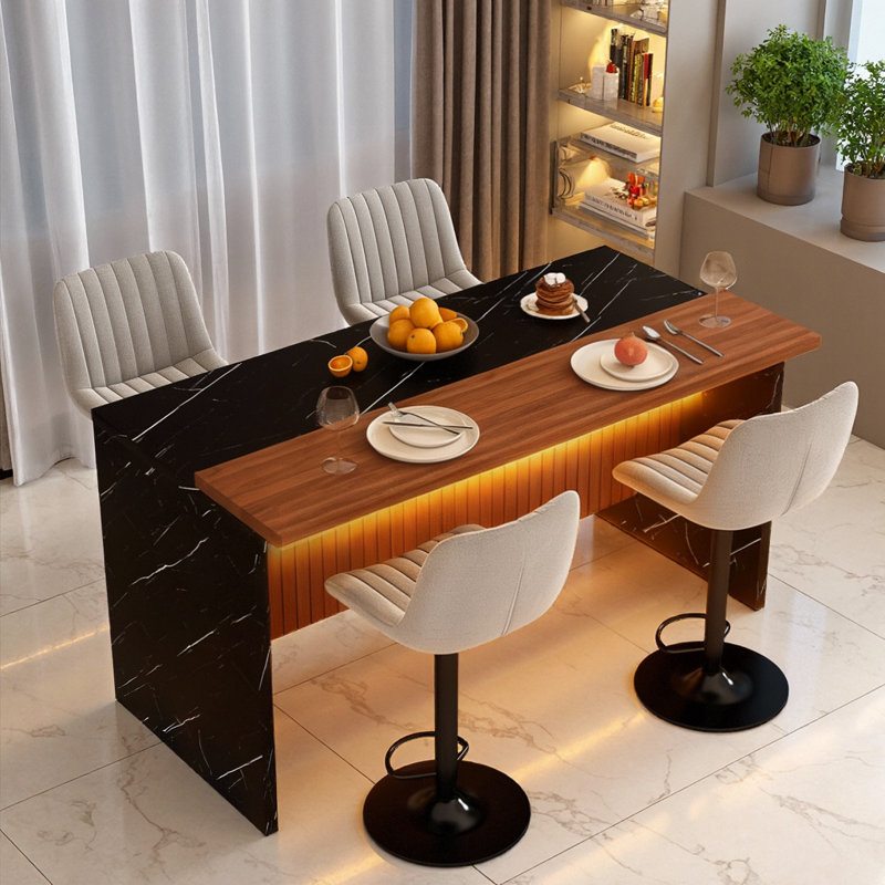 Ensemble d'îlot de cuisine 63 pouces avec 4 tabourets de bar - surface d'aspect marbre avec éclairage DEL, Table, 4 chaises