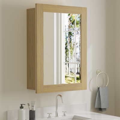 24" H X 16" W Wide Frame Walnut Wood Medicine Cabinet with Mirror, Adjustable Shelves, Soft-Close Hinges and Reversible Door, Wall-Mount or Recessed Wood Bathroom Cabinet