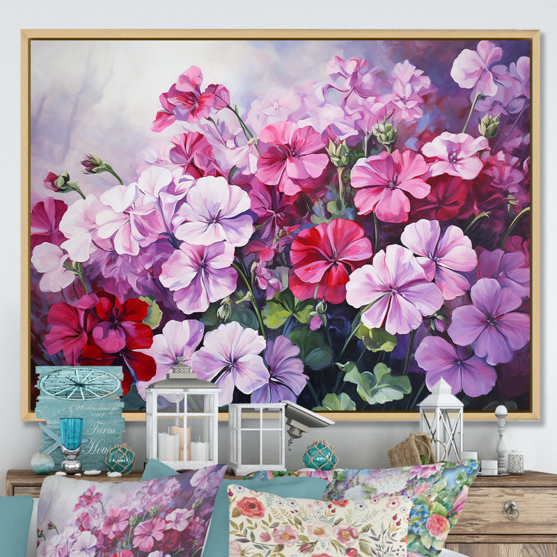 Nature morte aux géraniums roses, Cadre naturel flottant, H 24 po x l 32 po x P 1 po