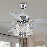 Kamori 52" Crystal Ceiling Fan w Wood Blades and 3 Lights, Crystal Light Shade, Quiet DC Motor w/ Remote