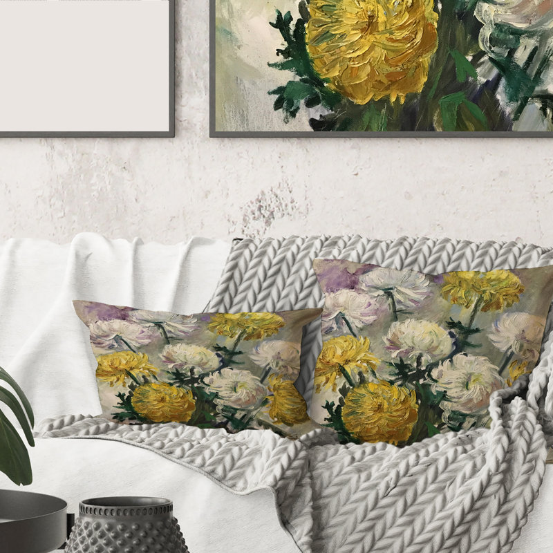 Carré, marguerites blanches et dorées - Coussin décoratif à imprimé traditionnel, 18" x 18"