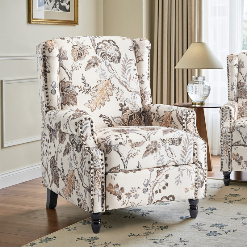Ameiah 74 cm W Upholstered Wing Back Manual Push Back Recliner with Naihead Trims, Plants Beige Polyester