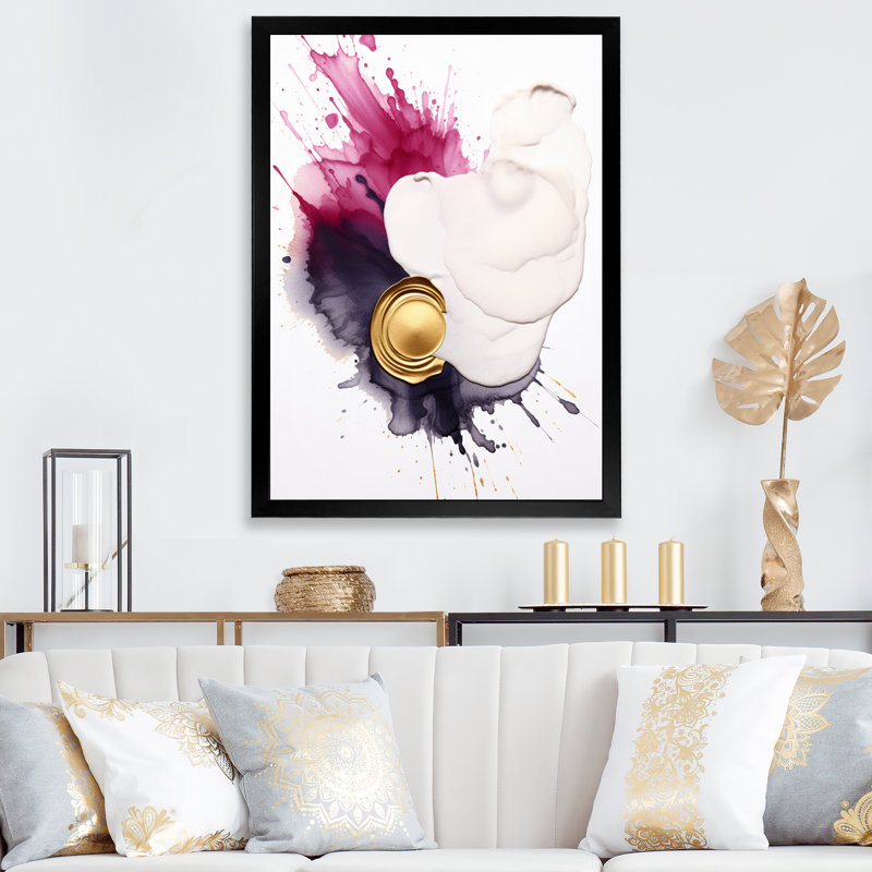 Délicats nuances d'encre magenta et dorée - peinture abstraite, impressions d'art mural, H 44 po x l 34 po x P 1,5 po