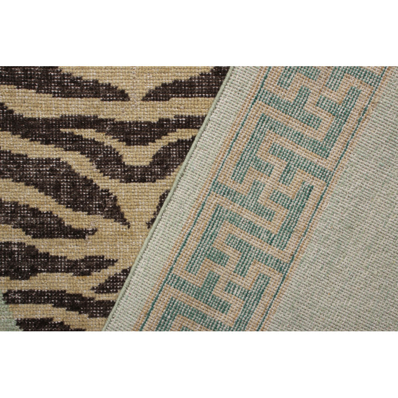Rug & Kilim’S Classic Pictorial Tiger Rug In Green Distressed, Beige/Brown/Green, Rectangle 14' x 20'
