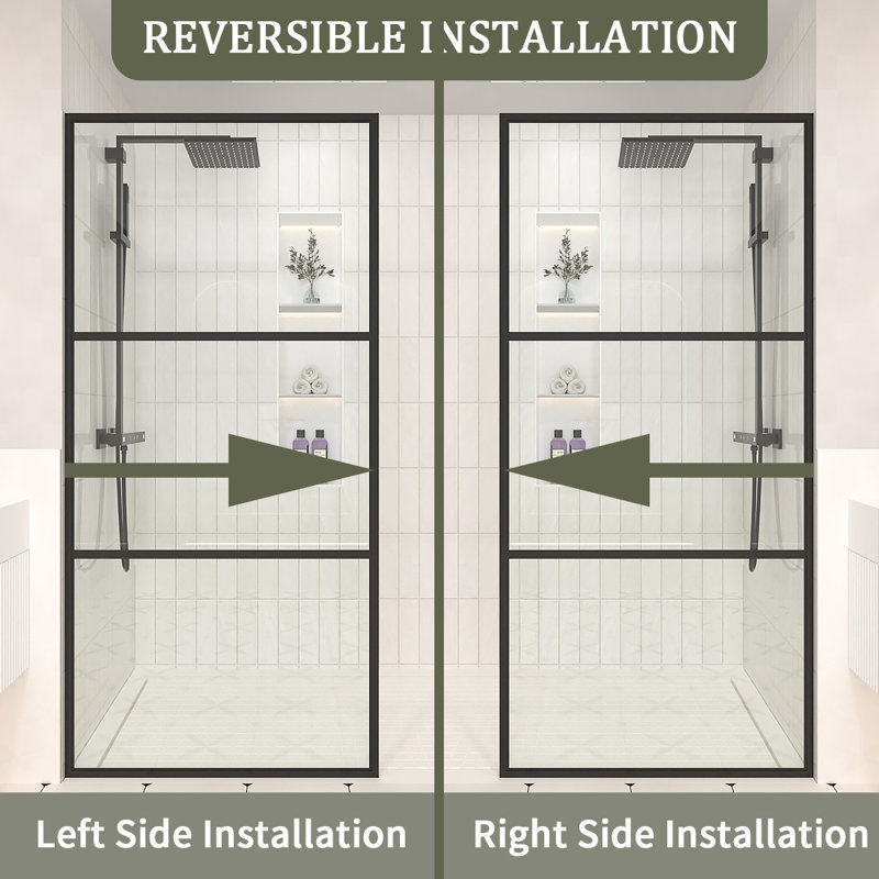 34 In. W X 72 In. H Fixed Framed Shower Door In Matte Black Finish With Patterned Glass