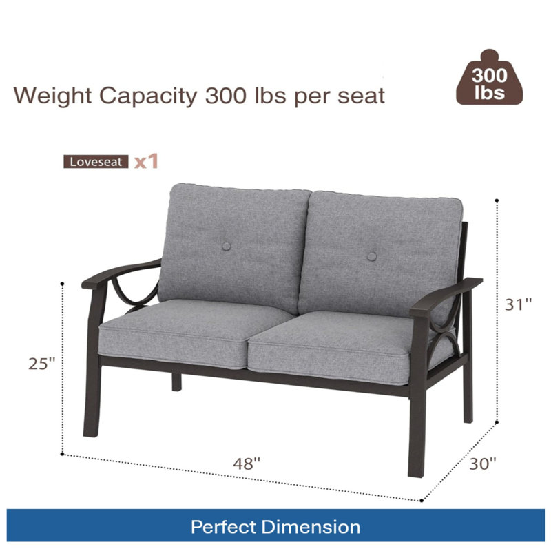 48" All-Weather Metal Loveseat 2 Seats Couch Sofa With Gray Cushions With Black Frame, Gray, Black
