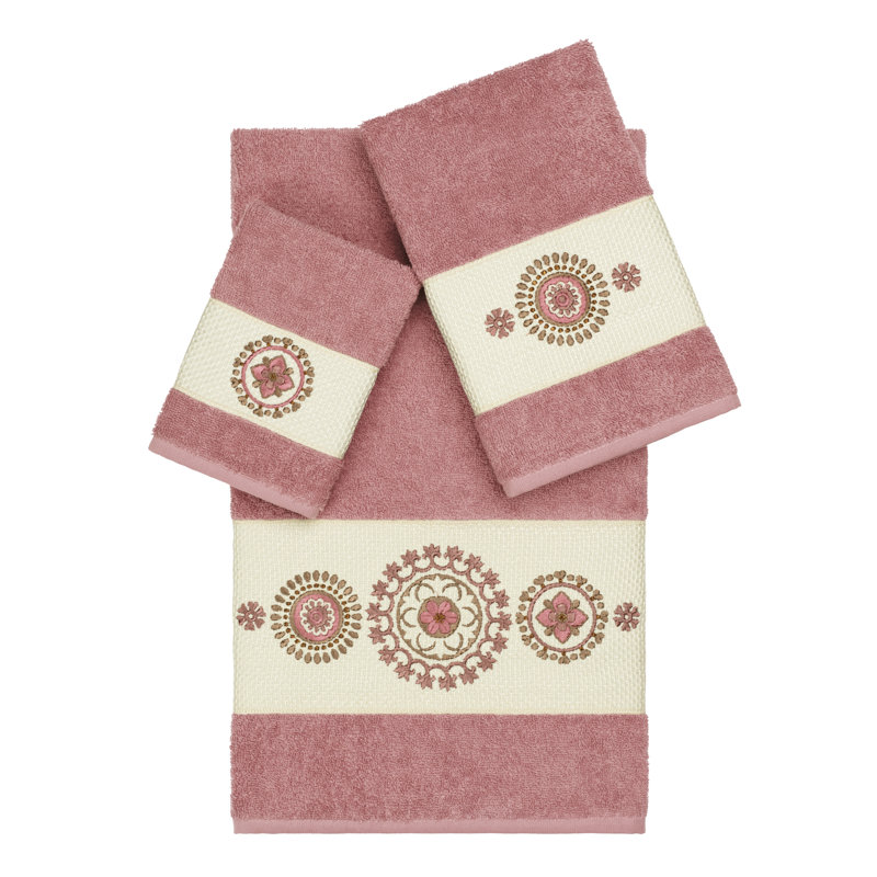 Isabelle100% Turkish Cotton Embellished 3 Piece Towel Set, Tea Rose