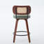 Set of 2 26-Inch Counter Height Bar Stools - Walnut Black, Cane Rattan Back, Light Green Linen Upholstered Seat, Swivel Design for Kitchen Island/Bar/Counter