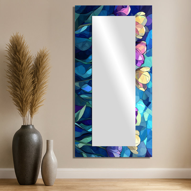 «Blue Velvet Sky Tulips Field» - art mural miroir floral - imprimé sur métal, 28" x 55"